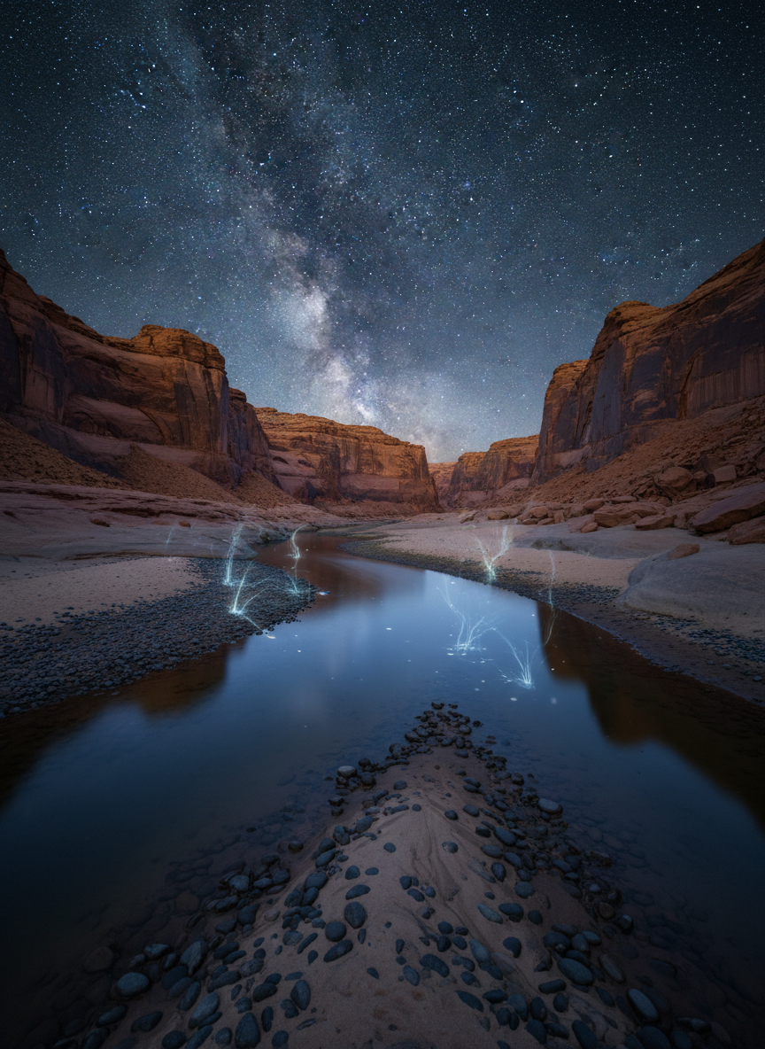 An ancient riverbend snaking through ochre cliffs and smooth, rounded boulders, the water a deep, reflective indigo mirroring a twilight sky pricked with the first emerging stars of the Milky Way. The sandy banks are littered with dark ironstone pebbles forming natural, swirling patterns that suggest currents of Earth energy. Bioluminescent glows seem to rise faintly from the water’s surface, hinting at unseen forces. Shot in photographic realism at blue hour, with long-exposure capturing soft, silky water and crisp stars above. The composition uses rule of thirds, placing the river as a luminous path from foreground to horizon, evoking a portal between land, water, and cosmos. The atmosphere is mystical, serene, and intellectually intriguing, suited to a sophisticated exploration of creation stories.
