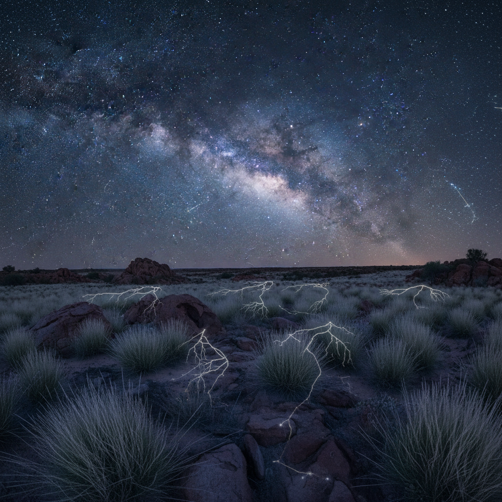 A vast nighttime panorama of the Australian interior photographed in hyper-realistic detail, the foreground showing a gently undulating plain of pale spinifex grass and dark, exposed rock. Across the sky, the Milky Way arcs in a brilliant river of starlight, with key constellations subtly emphasized as if faintly glowing lines of ancestral pathways connect them. Below, on the ground, lines of soft, phosphorescent light trace mirrored paths between stones and shrubs, suggesting Earth energies echoing the sky. Shot with a wide-angle lens, low to the ground, giving a sense of immersion and grandeur. The lighting is entirely starlit, with long exposure revealing subtle bluish highlights on rocks and grasses. The mood is majestic, otherworldly, and intellectually rich, aligning human spirit, land, and cosmos.