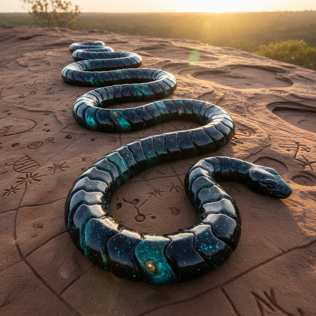 An intricately patterned serpent-like formation of glossy black and iridescent green stones winding across a natural sandstone shelf, photographed at high resolution. Each stone reflects hints of turquoise and gold, echoing the colors of deep space nebulae, as if embodying Warrazum, the Rainbow Serpent as a galactic creator. Surrounding the serpentine path, the sandstone is etched with subtle, naturally eroded channels that resemble star maps and energy flows. Soft, low-angle sunrise light casts warm highlights along the stones’ curves, creating luminous edges and gentle shadows that emphasize movement. Captured from a slightly elevated, three-quarter viewpoint with a medium focal length, the serpent leads the eye from foreground into the distant hazy bush. The atmosphere is refined, mystical, and orderly, symbolizing the return of Lore and human spirit in harmony with the Earth’s energies.